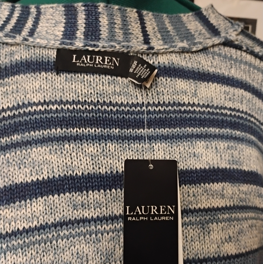 Lauren Ralph Lauren Striped Belted Linen-Cotton Knit Cardigan Blue White XL NWT - Picture 8 of 12